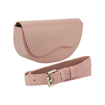 RB1027AZ  | Borsa Donna a Bandoliera stondata in Vera Pelle Made in Italy. Tracolla removibile e regolabile in pelle. Accessori Nickel Lucido - Colore Rosa Antico - Dimensioni: cm 25 x 15 x 9