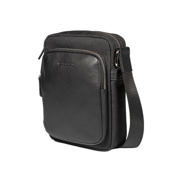 RB2002A | Borsa a Tracolla in Nylon/Vera Pelle, con leggera grana. Chiusura con lampo e tracolla regolabile - Colore Nero - Dimensioni: cm 15,5 x 21 x 7. Confezione: Sacchetto in Tessuto non Tessuto