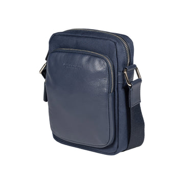 RB2002D | Borsa a Tracolla in Nylon/Vera Pelle, con leggera grana. Chiusura con lampo e tracolla regolabile - Colore Blu - Dimensioni: cm 15,5 x 21 x 7. Confezione: Sacchetto in Tessuto non Tessuto