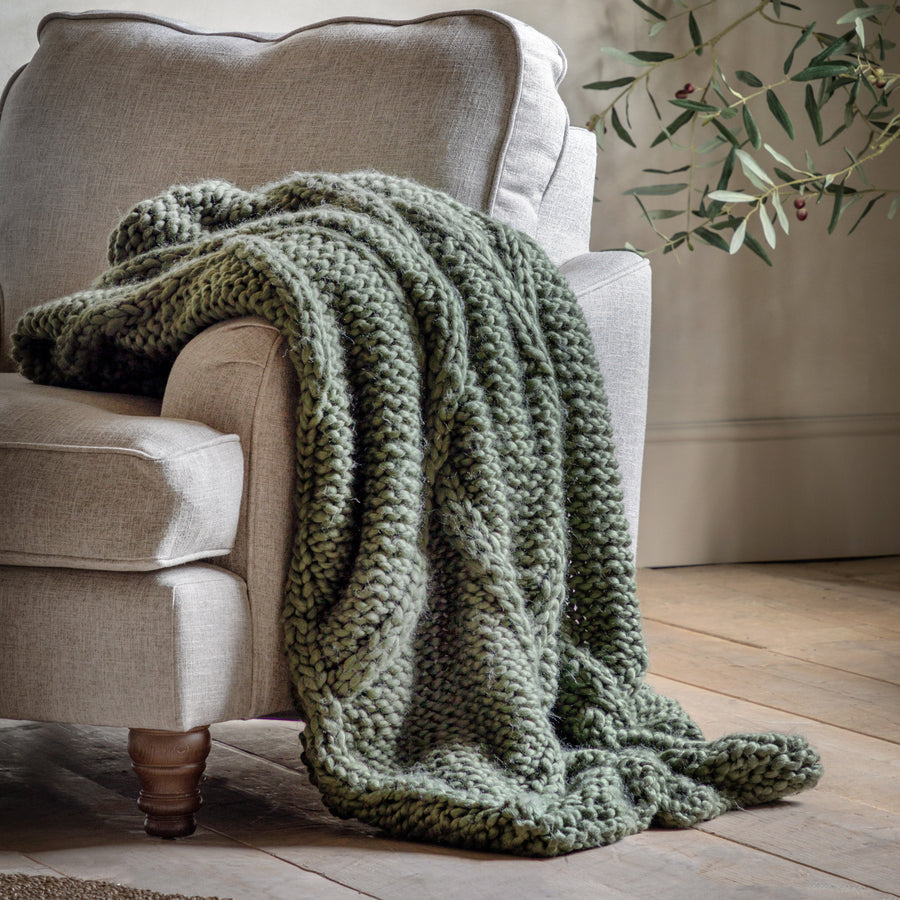 Cable Knit Diamond Throw In Dark Olive