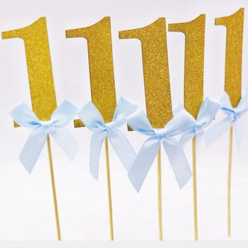 Number 1 Gold Cake Toppers With Blue Bows