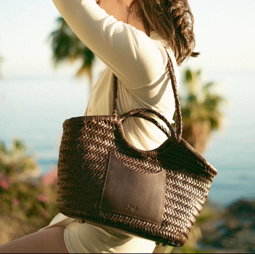 Celia-Handmade Woven Top Grain Leather Bag Coffee Colour