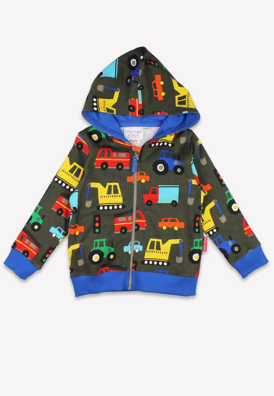 Bio-Baumwoll Kinder Sweatjacke mit Kapuze und mit Fahrzeug-Druck