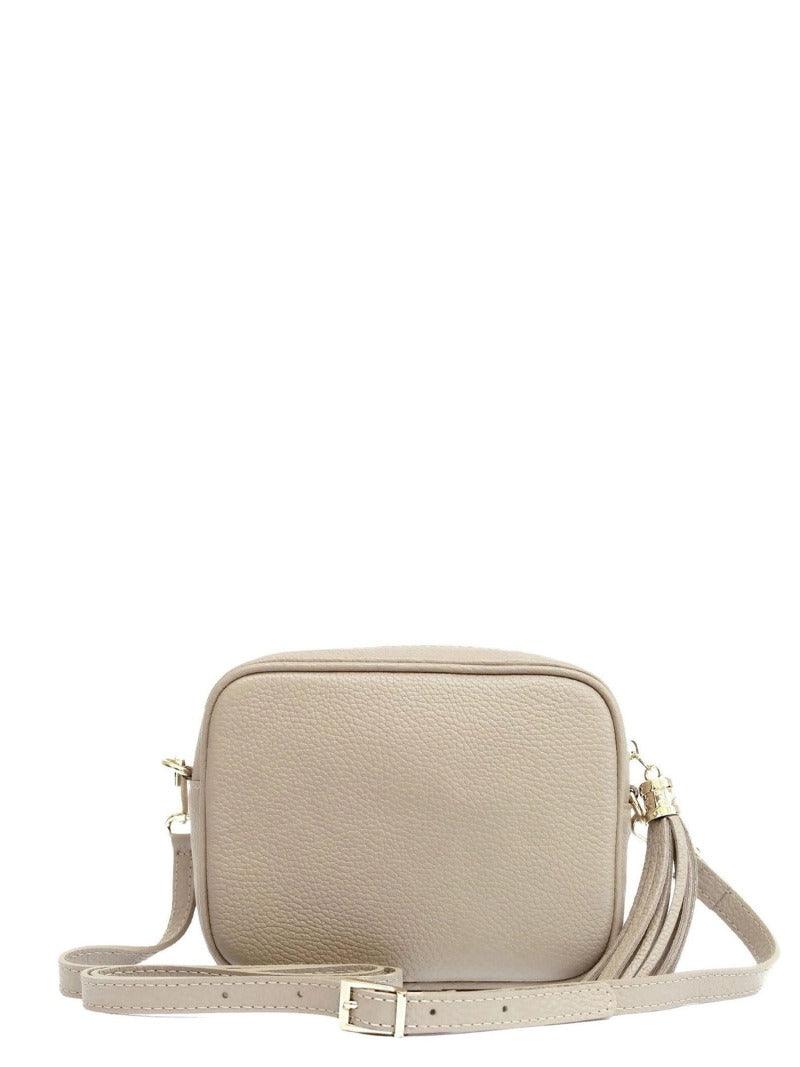 Light Taupe Leather Tassel Cross Body Camera Bag - Brix + Bailey