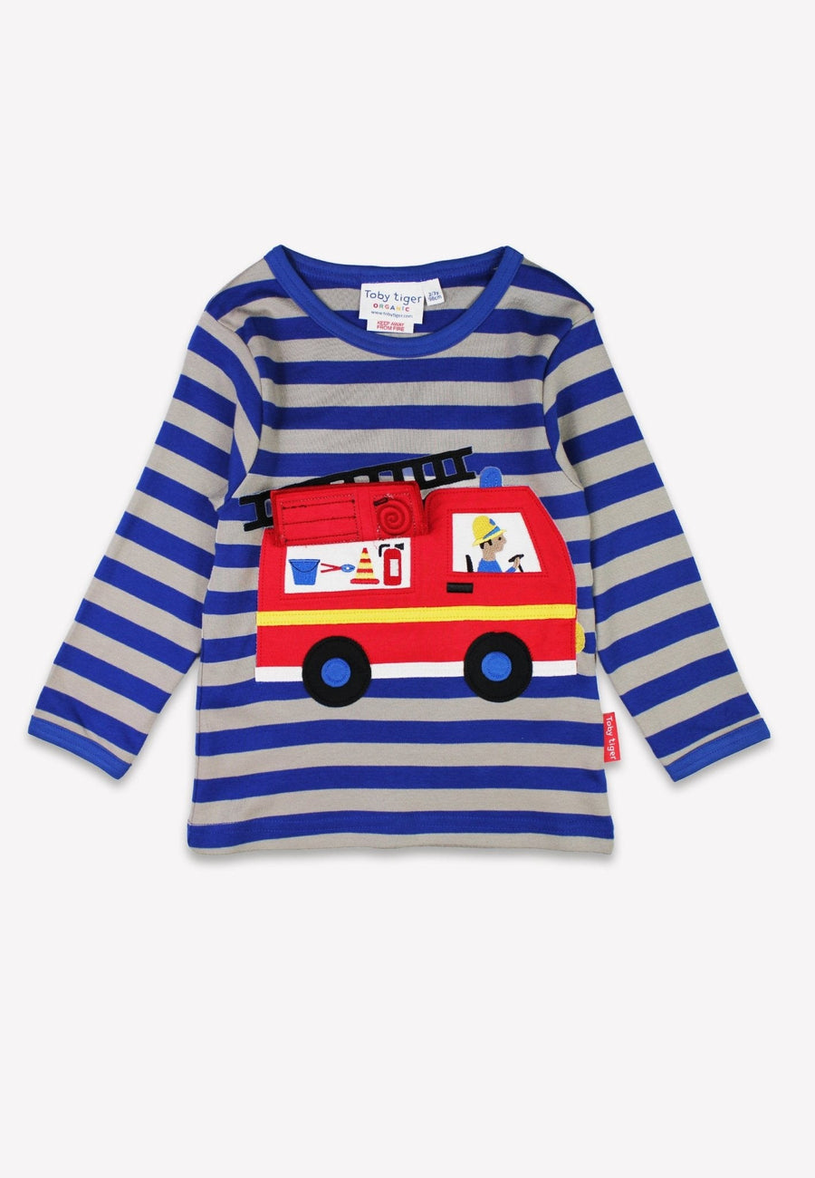 Bio-Baumwoll Kinder Langarmshirt, Blau mit Feuerwehr-Applikation