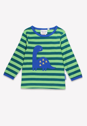 Bio-Baumwoll Kinder Langarmshirt, Grün mit Dinosaurier-Applikation