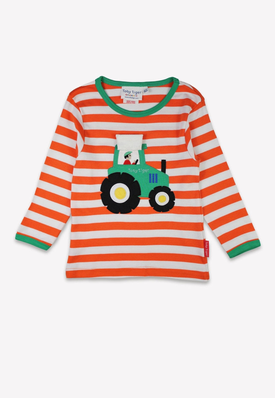 Bio-Baumwoll Kinder Langarmshirt, Orange mit Traktor-Applikation