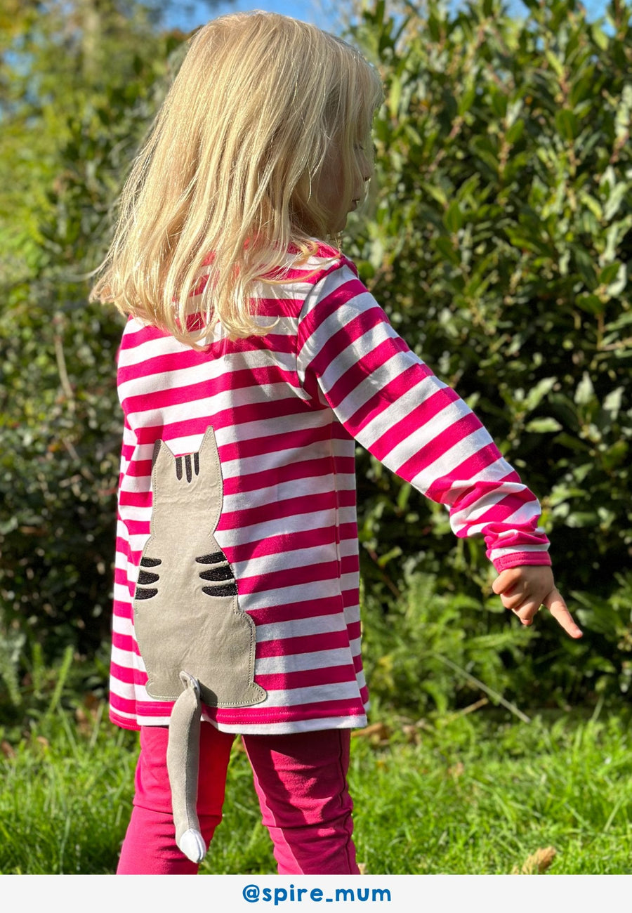 Bio-Baumwoll Kinder Langarmshirt, Pink mit Kätzchen-Applikation