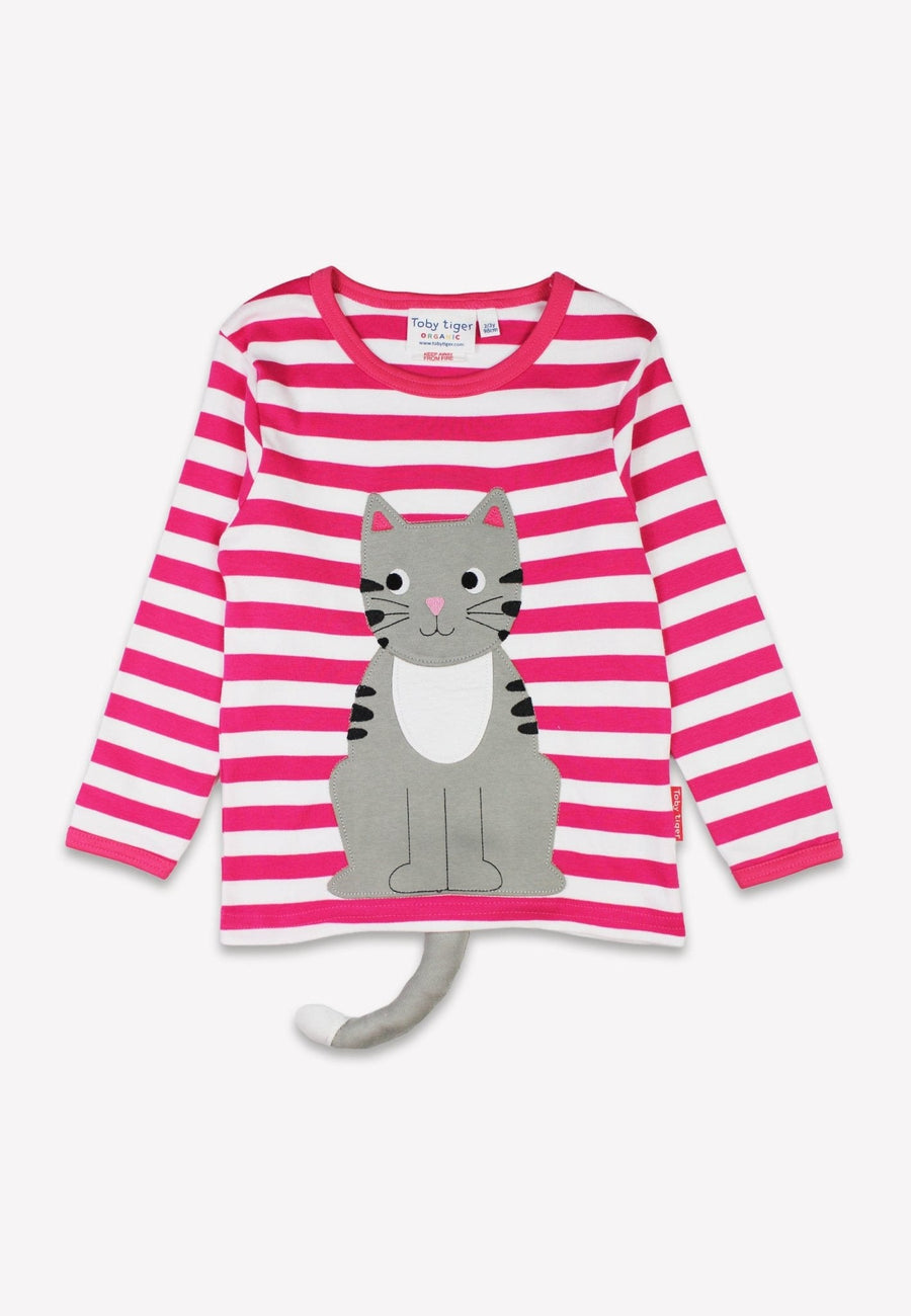 Bio-Baumwoll Kinder Langarmshirt, Pink mit Kätzchen-Applikation