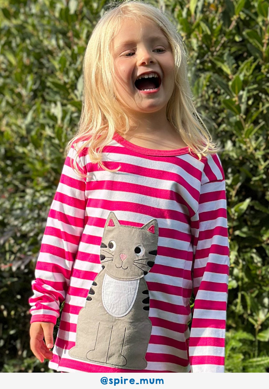 Bio-Baumwoll Kinder Langarmshirt, Pink mit Kätzchen-Applikation