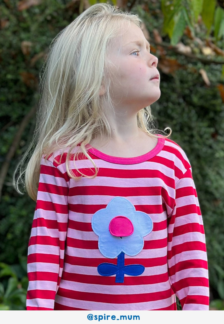 Bio-Baumwoll Kinder Langarmshirt, Pink mit Blumen-Applikation