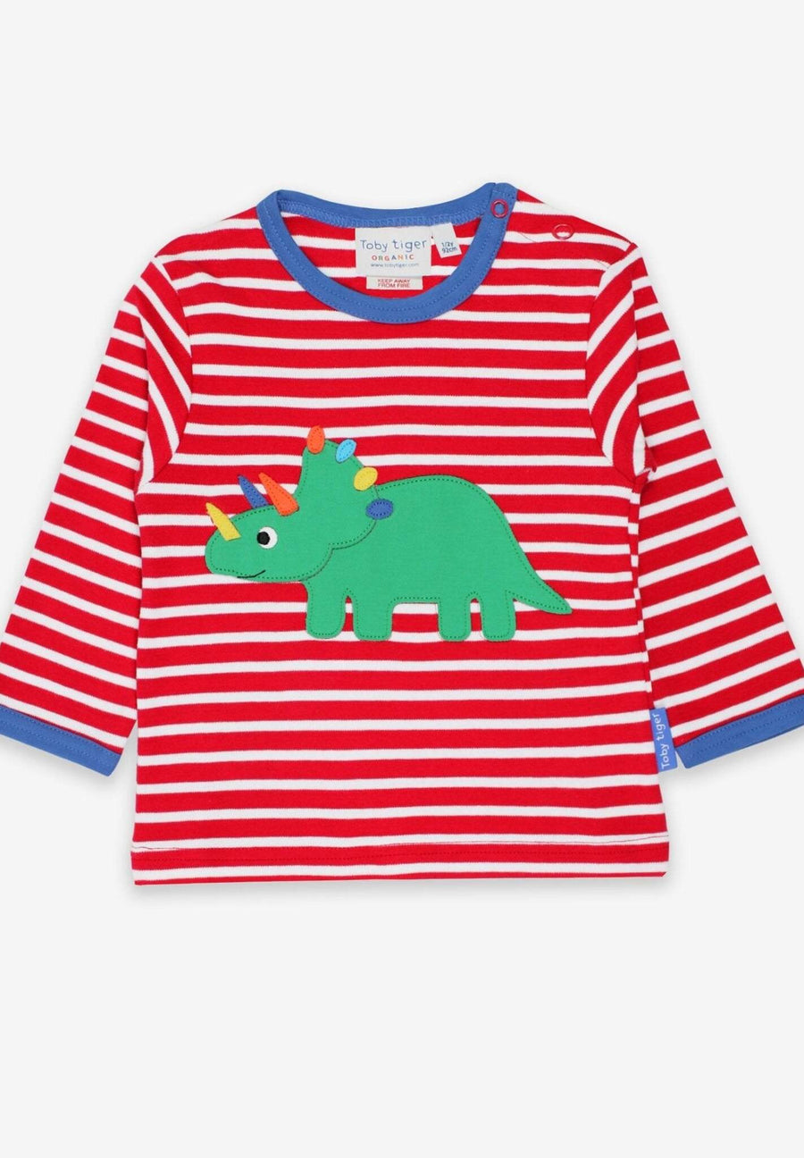 Langarmshirt aus Bio Baumwolle, gestreift mit Dino Applikation