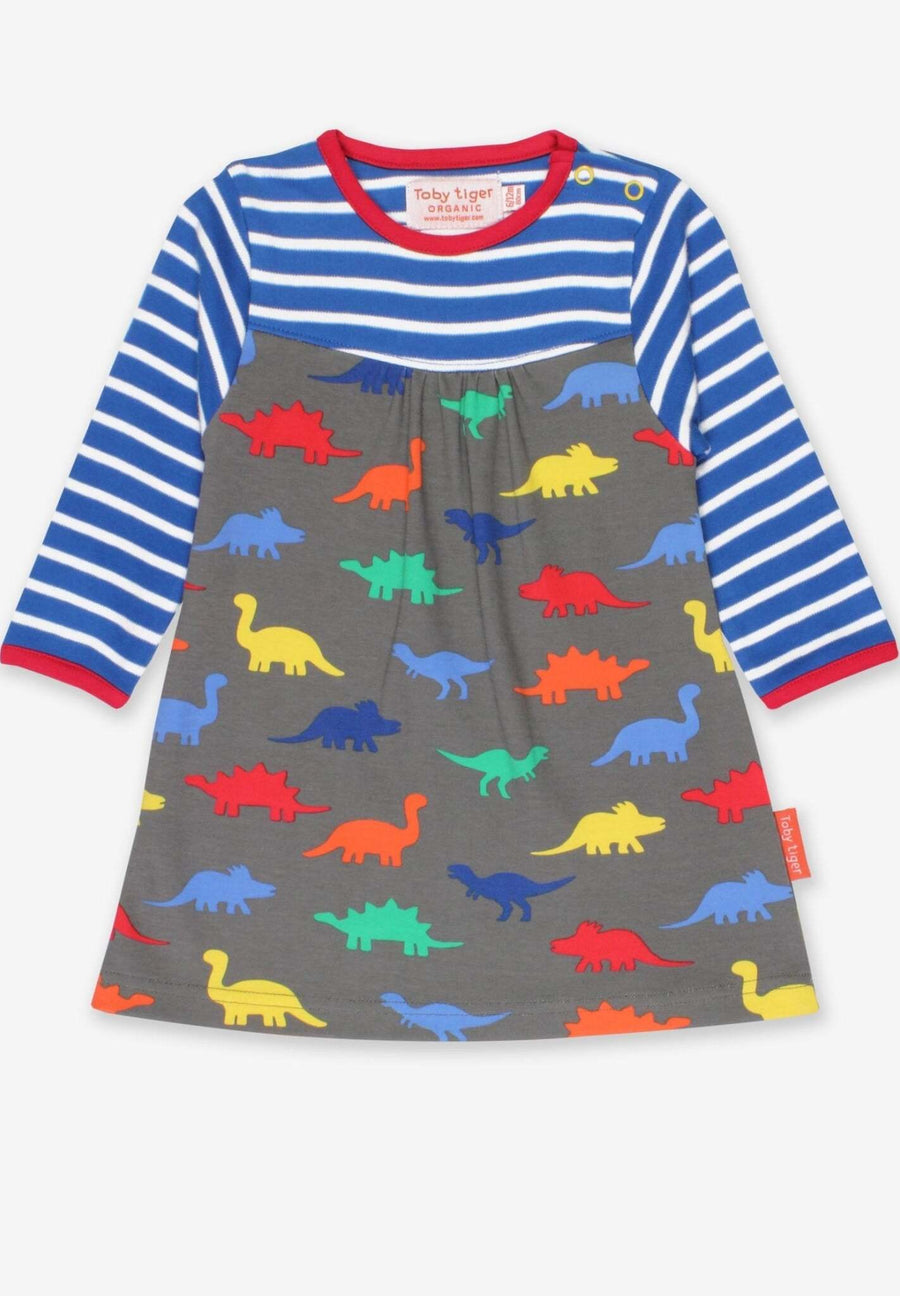 Kleid mit langen Ärmeln und Dino-Print aus Bio Baumwolle, gestreift