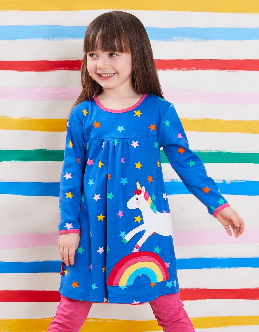 Kleid mit Einhorn und Regenbogen Applikation aus Bio Baumwolle