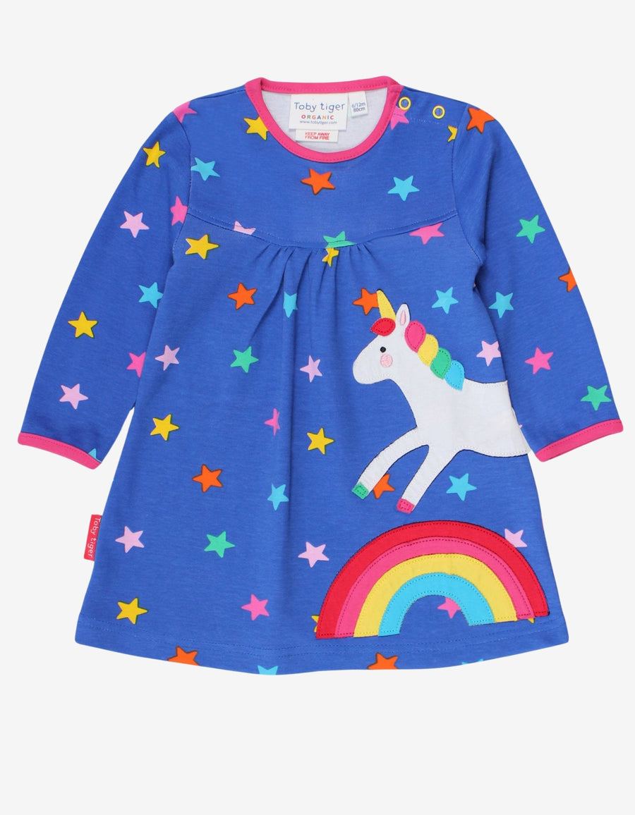 Kleid mit Einhorn und Regenbogen Applikation aus Bio Baumwolle