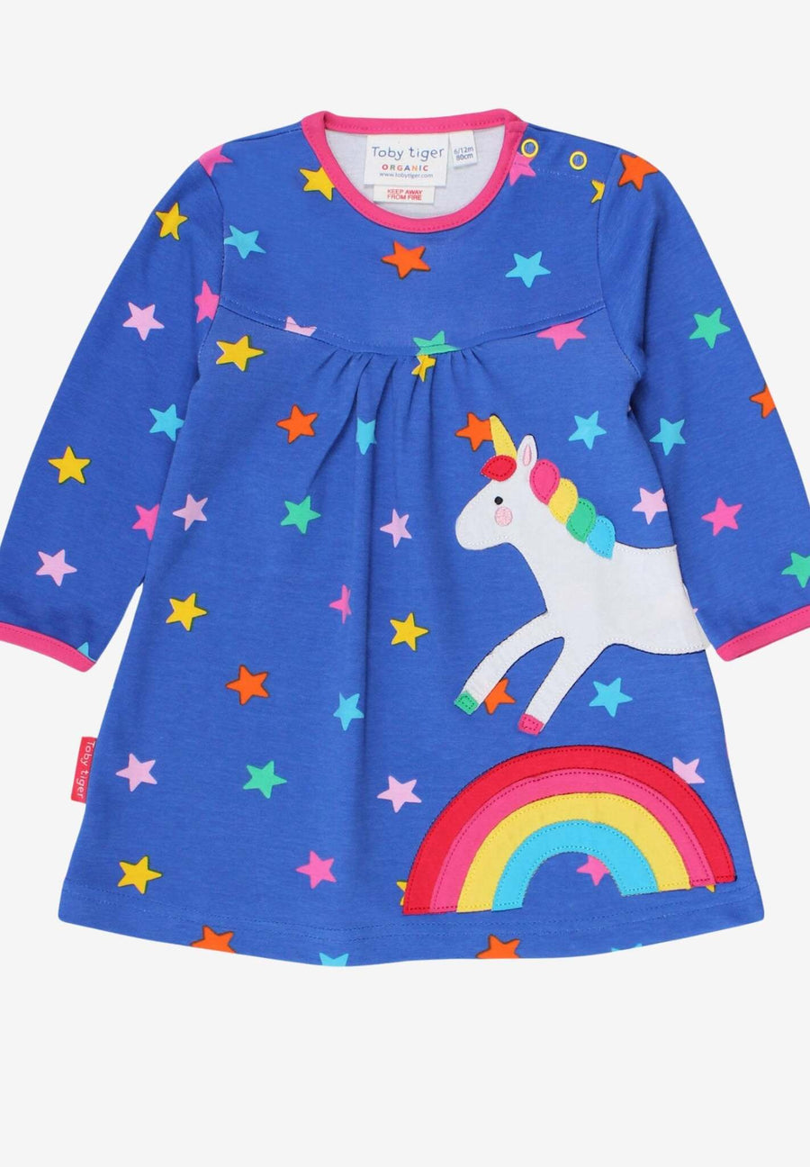 Kleid mit Einhorn und Regenbogen Applikation aus Bio Baumwolle