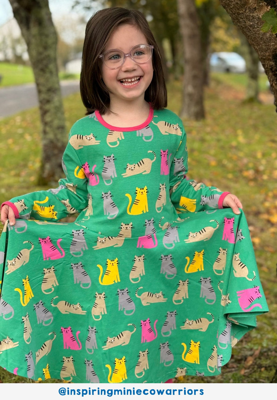 Bio-Baumwoll Kinder Langarm Skaterkleid mit Kätzchen-Druck