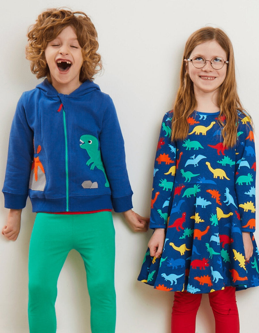 Bio Baumwollkleid mit Skater Schnitt und buntem Regenbogen Dinosaurier Aufdruck