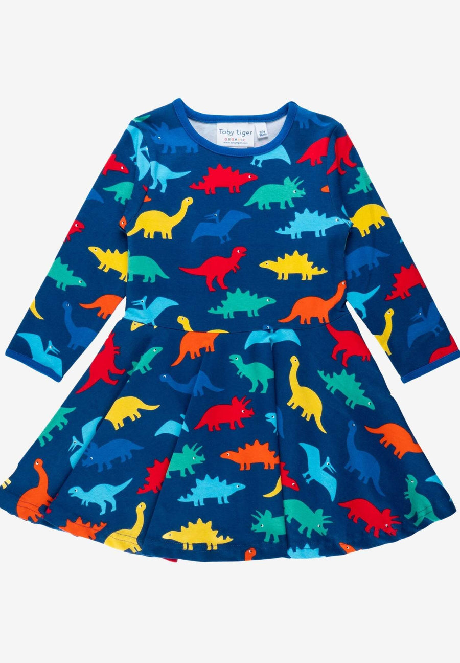 Bio Baumwollkleid mit Skater Schnitt und buntem Regenbogen Dinosaurier Aufdruck