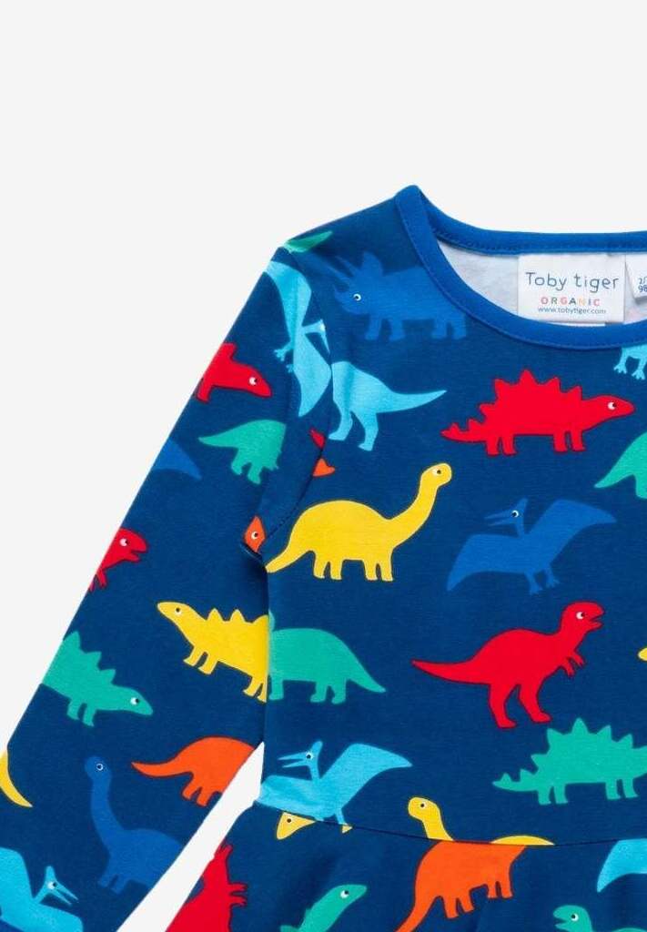 Bio Baumwollkleid mit Skater Schnitt und buntem Regenbogen Dinosaurier Aufdruck