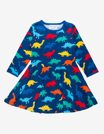 Bio Baumwollkleid mit Skater Schnitt und buntem Regenbogen Dinosaurier Aufdruck