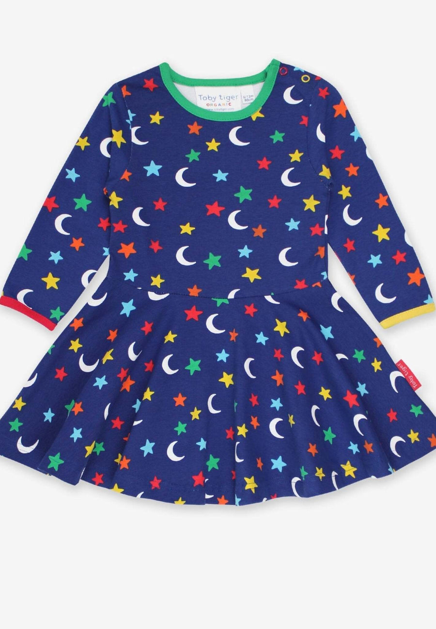 Skater Kleid mit langen Ärmeln und Mond und Sterne Print aus Bio Baumwolle