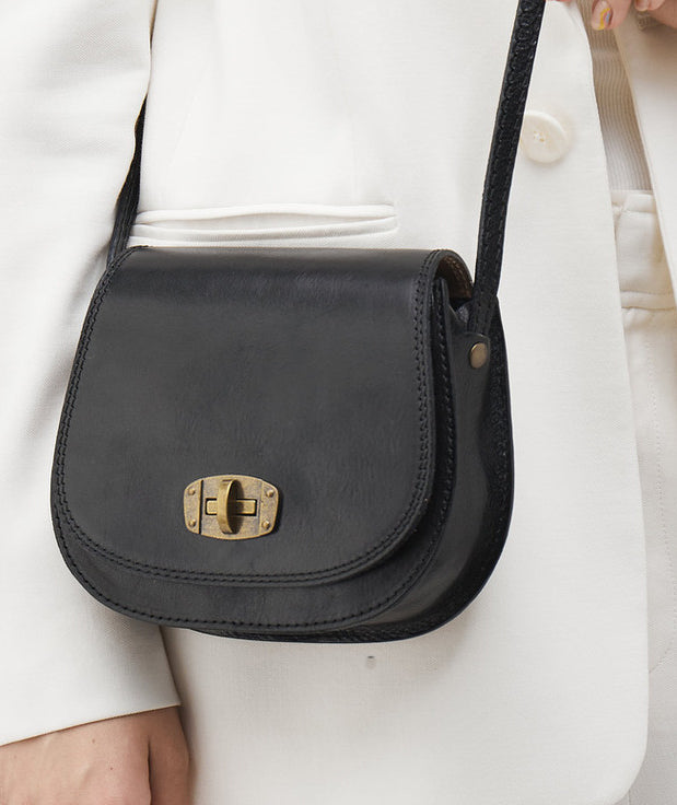 Black Leather Turn Lock Saddle Bag