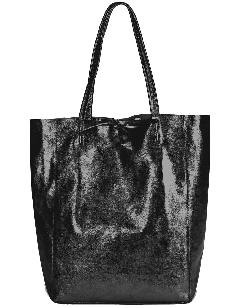 Black Metallic Italian Leather Tote Shopper Bag