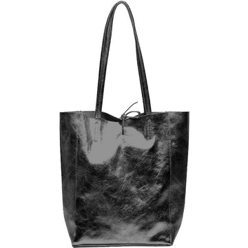 Black Metallic Italian Leather Tote Shopper Bag