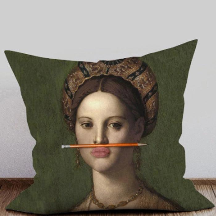 Girl With The Orange Pencil Oil Painting Cushion Pillow - Brix + Bailey